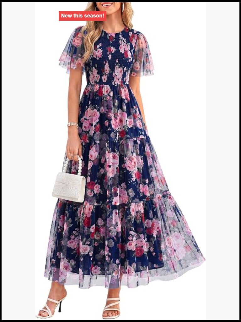 Tulle Floral Smocked Maxi Dress Empire Waist Tiered Ruffle Fit & Flare Short